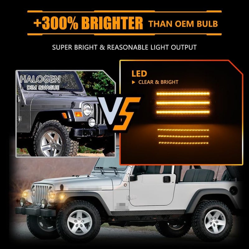 OFFKAT Front Turn Signal Lights & Side Marker Lights for 1997-2006 Wrangler TJ, Smoked Lens Side Bumper Marker Lamps, [Ultra-Bright] 3-Row Full LED Amber Parking Light DRL & Amber Turn Signal, 4 PCS - Image 2